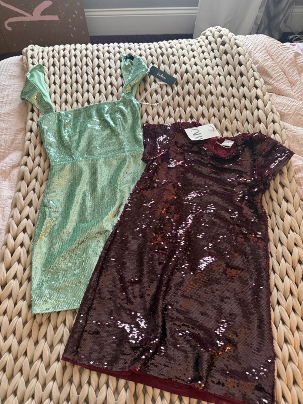 Zara Girls Sequined Mint Green & Burgundy Party Dresses